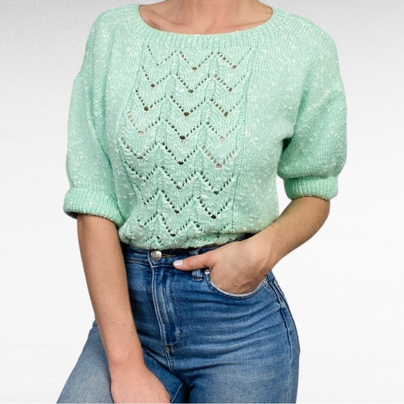VINTAGE | Mint Green Hallow Out Knit Lace Chevron Cuffed Sleeve Pullover Sweater - Picture 4 of 8